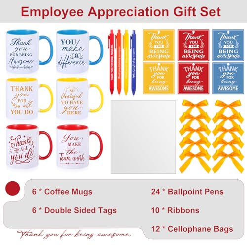 6 Set Employee Appreciation Gifts Include Thank You Staff Mug Gift Set 12 oz Appreciation Mugs Inspirational Pens Tags for Employee Staff Team Group (6 Count)