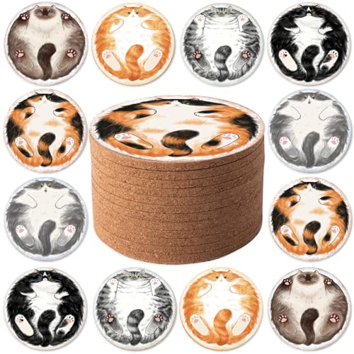 Cork Coasters for Drinks Absorbent Non Slip 12pcs 4 Inch Sleepy Cat (12 Count)