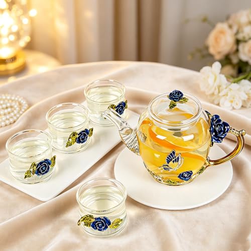 xixi home Blue Rose Glass Tea Set