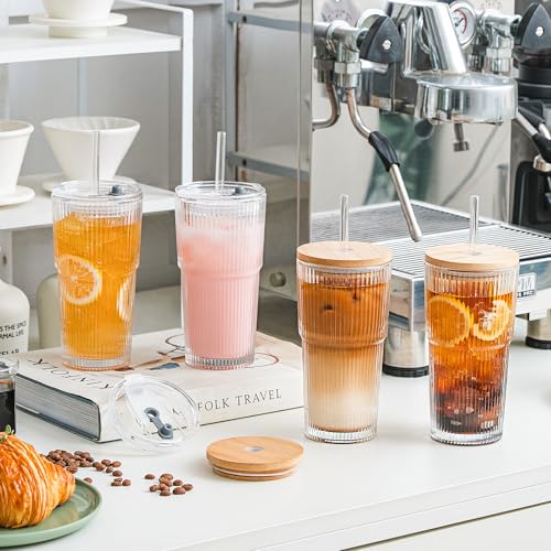 20oz Ribbed Glass Tumbler with bamboo Lid and Straw