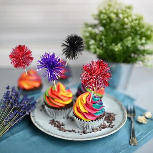 30Pcs Foil Firework Cupcake Toppers Sparkle Tinsel Cake Toppers Tinsel Drink Cake Decoration Cocktail Picks for Halloween Birthday Wedding Graduation Party Supplies Purple Black Red (30 Count)