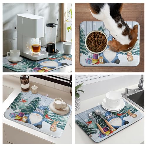 Winter Gnome Dish Drying Mat Christmas Tree Snowman Large Kitchen Mats Dish Drying Pad Bird Absorbent Dish Dryer Mat for Kitchen Countertops Microfiber Drainer Pad Dish Drying Mats