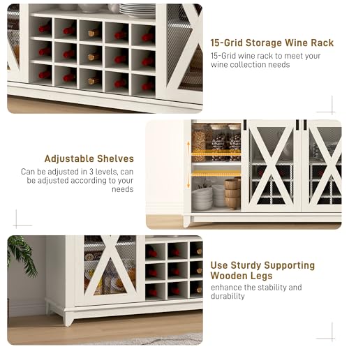 63"Wide 58"H Farmhouse Coffee Bar Cabinet with Power Outlet and LED Light
