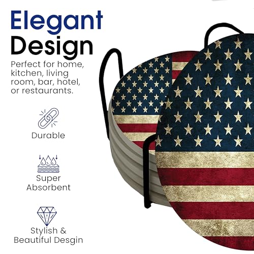 USA American Flag United States Round Coasters Set of 6