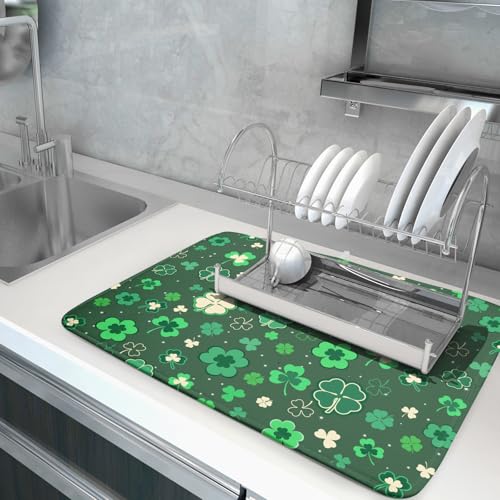 Happy St. Patrick's Day Dish Drying Mat for Kitchen Green Lucky Shamrock Clover Dish Drying Mat for Dishes Spring Irish Drying Mats 18x24 Inch Absorbent Reversible Dish Pad for Countertop Coffee Bar