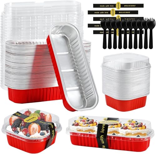 100PCS Red Mini Loaf Pan with Lids and Spoons 6.8oz Rectangular Aluminum Foil Bread Pan 10oz Square Cake Cup with Decal Disposable Baking Supply for Graduate Wedding Birthday (100 Count)