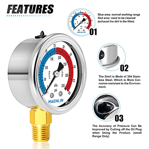 1/4" NPT 0-50psi Pressure Gauge, 2" Dial Glycerine Filled Pool Filter, 304 Stainless Steel Housing, Lower Mount, with 1/2" NPT and 3/8" NPT Hex Bushing