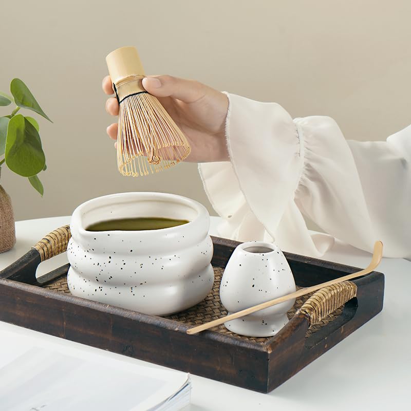 7 piece matcha kit includes matcha bowl. white speckled matcha tea set with bamboo whisk (7 Count)