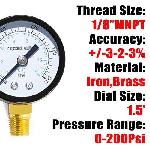 1 8" NPT 200Psi Steel Economical All Purpose Pressure Gauge with Brass Internals 1.5" Dial Display Bottom Mount