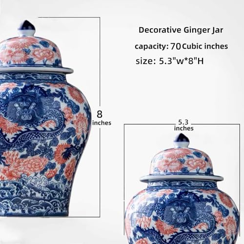 8 inches dragon Ginger Jar with Lid red blue Decorative Ceramic