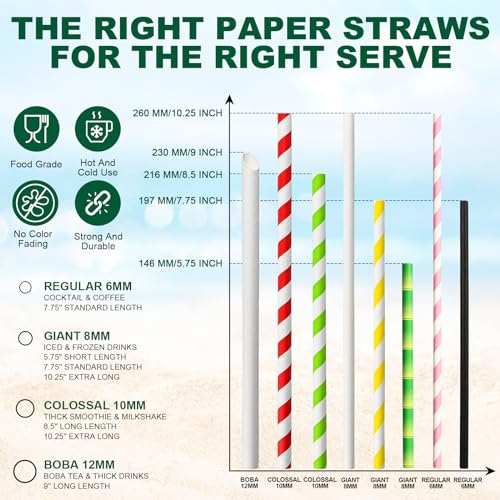 5.75" x 0.31" Green Bamboo Disposable Paper Drinking Straws for Short Drinks (250 Count)