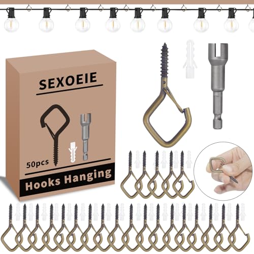 50 PCS Bronze Eye Screw Hooks for Hanging Heavy Duty with Safety Buckle.Metal Ceiling Hooks for Hanging Plants Cup Wind Chime Bird Feeders Patio Lights At Indoor&Outdoor (50 Count)
