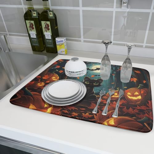Halloween Black Cat Dish Drying Mat for Kitchen Counter