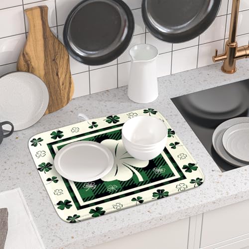 Patrick Clovers Dish Drying Mat 16"x18" Lucky Shamrock Spring Leaf Dish Drainer Mats Green Black Buffalo Plaids Absorbent Microfiber Dish Drying Pad for Kitchen Countertop Small Decor