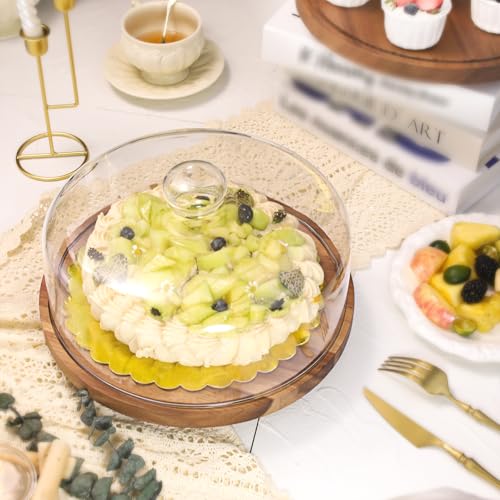 12" Rotating Acacia Wood Cake Stand with Glass Lid
