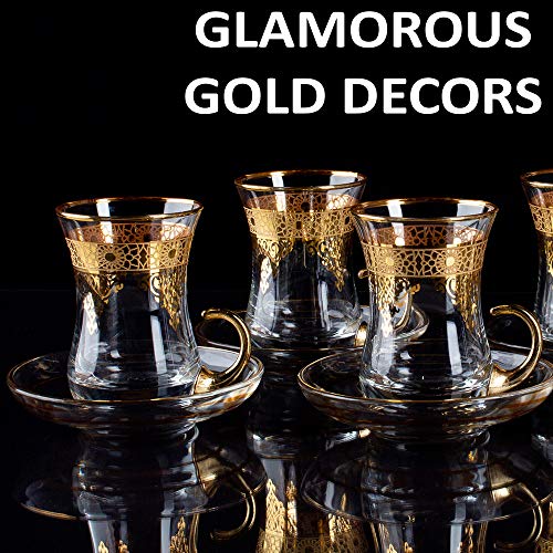 Gold Turkish Arabic Moroccan Tea Glasses Cups Set of 6 and Saucers Glassware Drinking Women Party Fancy Drinkware Style Vintage Persian Kitchen Decor Drinks (6 Count)