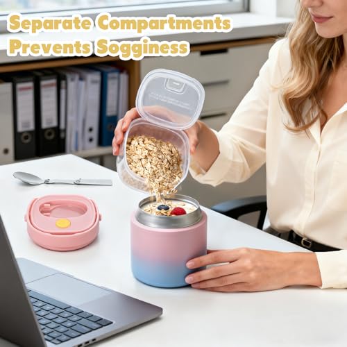 2 - in - 1 Soup Thermo for Hot Food 14oz with Snack Box Container Leak Proof Insulated Lunch Container Kids and Adults Stainless Steel Double Wall Vacuum Wide-mouth Thermal with Spoon and Handle