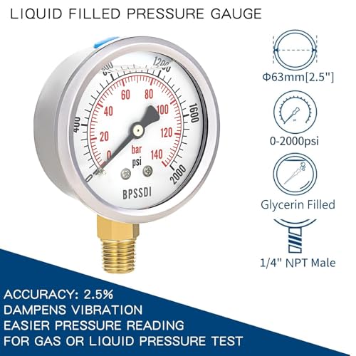 0 2000 Psi Glycerin Liquid Filled Hydraulic High Pressure Gauge