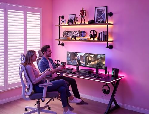 LED Floating Book Shelves for Wall Industrial Pipe Shelving 48 inch