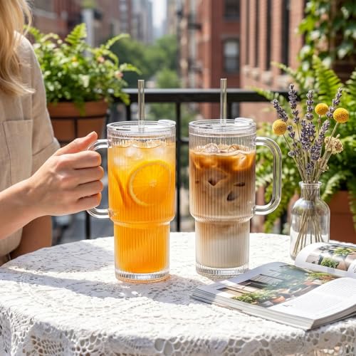 24 oz Ribbed Glass Tumbler with Handle