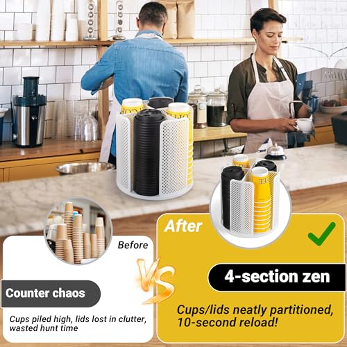 4 Compartment Rotating Paper Cup Holder & Coffee Cup Lid Storage Dispenser