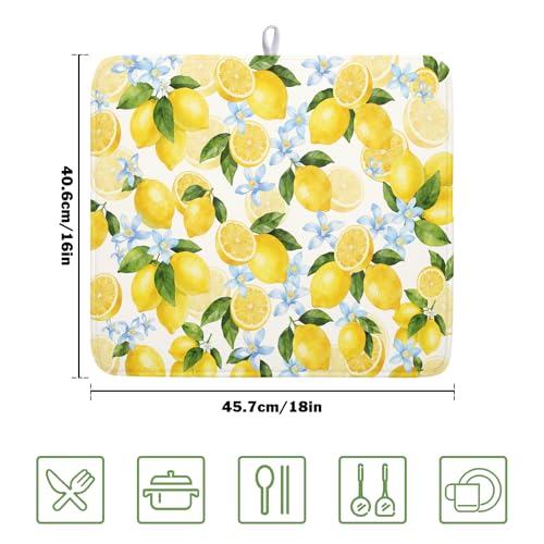 Lemon Dish Drying Mat 16x18 Inch Absorbent Reversible Summer Drying Mat Floral Lemon Fruits Dish Drying Rack Mat Yellow Summer Themed Dish Drainer Mat for Kitchen Counter Coffee Bar