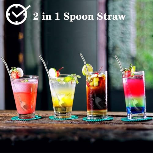 8pcs 2 in 1 Stainless Steel Straws Spoons with 2pcs Cleaning Brushes