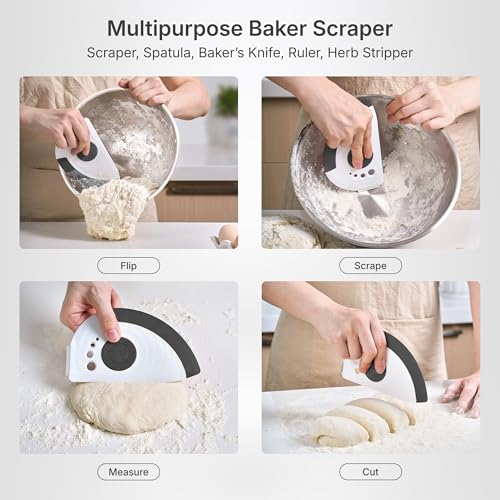 grey 5-in-1 flexible dough and bowl scraper with stainless-steel edge and integrated ruler
