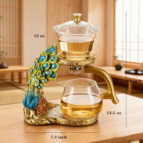 Lazy Kungfu Glass Tea Set Heat Resistant Semi Automatic Drip Rotating with Infuser Magnetic Teapot Set for Gongfu Tea Making Ideal