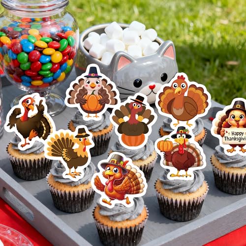 72PCS Edible Thanksgiving Day Cupcake Toppers Wafer Paper Turkey Cupcake Toppers Picks Autumn Cake Decorations for Thanksgiving Party Decoration Supplies