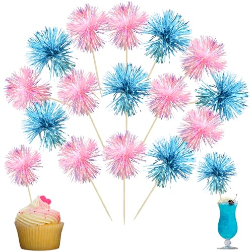 30Pcs Foil Firework Cupcake Toppers Sparkle Tinsel Cupcake Picks Happy Birthday Cake Decorations Drink Stirrers Cocktail Food Toothpicks for Baby Shower Graduation Party Supplies Blue Pink (30 Count)