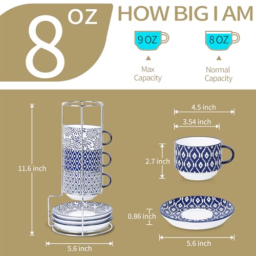 Ceramic Cappuccino Cups with Saucers and Metal Stand (4 Count)