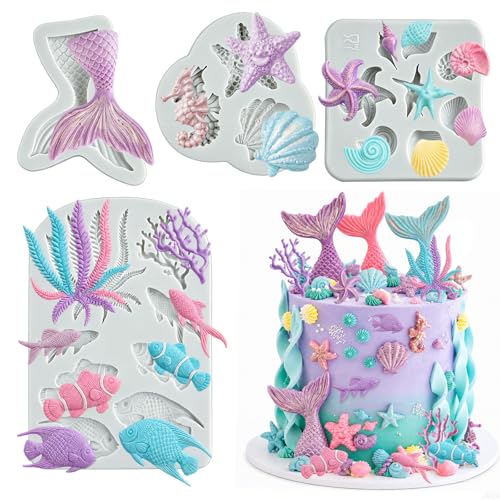 Mermaid Theme Cake Fondant Mold 4PCS Marine Silicone Mold (4 Count)