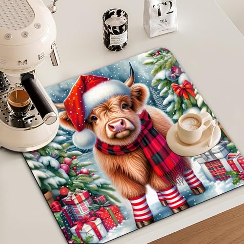 Christmas Highland Cow Dish Drying Mat