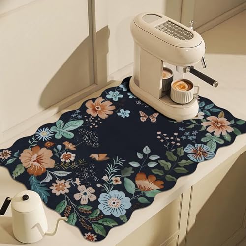 Scalloped Bohemian Coffee Bar Mat Dish Drying Mats for Kitchen Counter