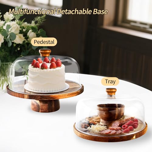 Wood-Cake-Stand With Acrylic Dome Lid, Round Wooden Cake Holder Plate With Cover, 2-in- 1 Dessert Table Display Set For Party, Charcuterie Board For Cheese, Chips & Dips, Nachos, Fruit Platter