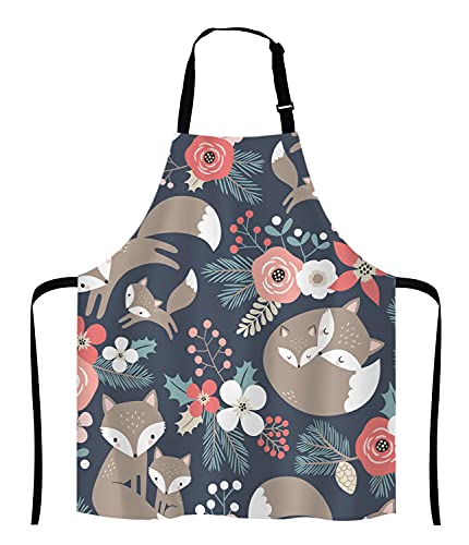 Cute Fox Family and Flowers Bib Apron with Adjustable Neck for Men Women