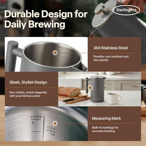 Non Toxic Insulated Stainless Steel French Press Coffee Maker 34oz