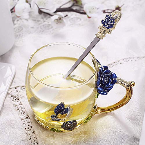 butterfly flower Glass Mug Tea Cup with Spoon Gifts For Women