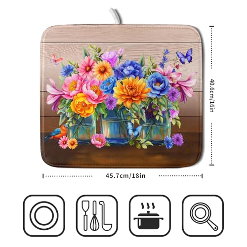 Colorful Flowers Dish Drying Mat for Kitchen Counter 16x18in Spring Summer Flower Vases Dish Mat Drying Absorbent Microfiber Dish Drainer Rack Mats Botanical Floral Dishes Pad for Countertops