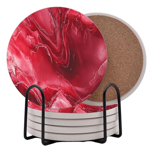 Dark Red Agate Marble Round Coasters Set of 6