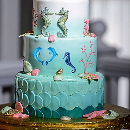 Marine Theme Silicone Fondant Mold 4pcs Under the Sea Cake Mold Hippocampus Seaweed Sea Fish Crab Coral Conch Sea Shell Silicone Chocolate Mold for DIY Ocean Theme Cake Cookie Chocolate Candy (4 Count)