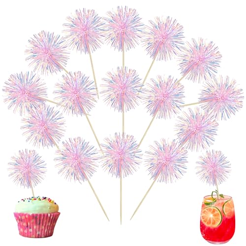 30Pcs Foil Firework Cupcake Toppers Happy Birthday Cake Toppers Tinsel Flower Drink Stirrers Cocktail Food Fruit Toothpicks for Valentine's Day Party Decorations Pink (30 Count)