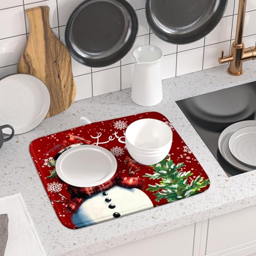 Winter Snowflake Red Dish Drying Mat for Kitchen Counter