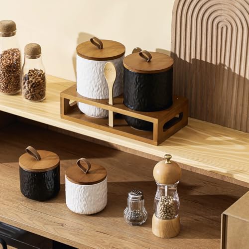 Black White Ceramic Coffee Canister Tea Canister with Seal Wood Lid (3 Count)