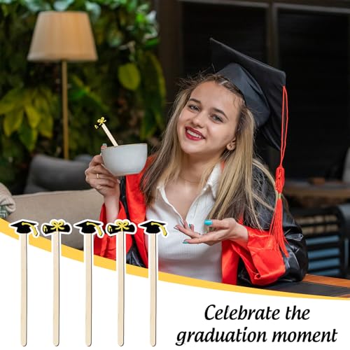 120Pcs Graduation Coffee Stirrers 2026 Grad Black Hat Diploma Disposable Stir Sticks Wooden Drink Stirrers for Home Office Bar Restaurant Party Supplies