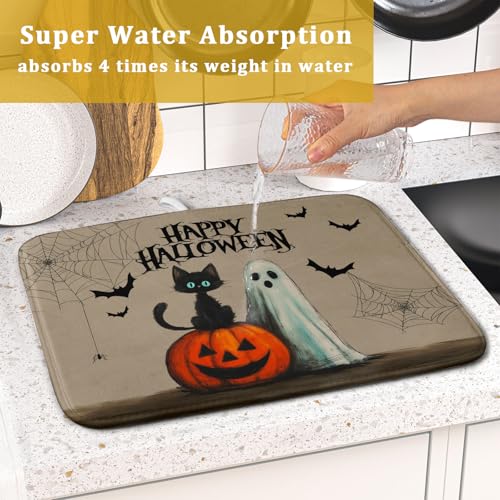 Happy Halloween Black Cat Ghost Dish Drying Mat for Kitchen Counter