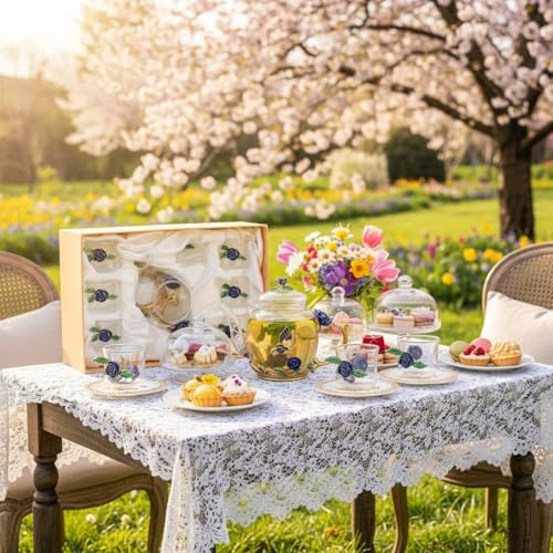 13 Pcs Glass Tea Set Rose Floral Vintage Teapot and Cups