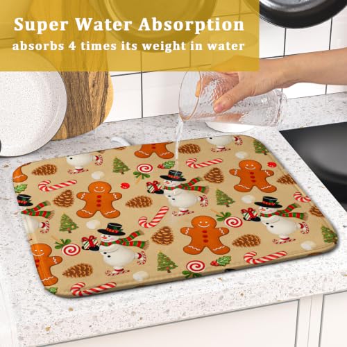 Xmas Gingerbread Man Candy Cane Dish Drying Mat for Kitchen Counter