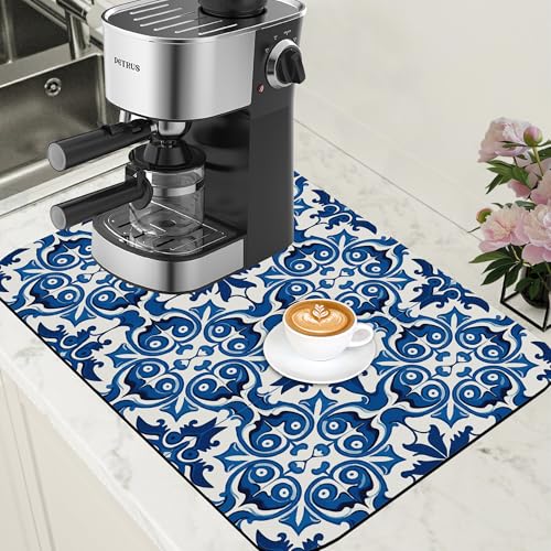 Dish Drying Mat Blue Portuguese Tiles Coffee Bar Mat for Countertop